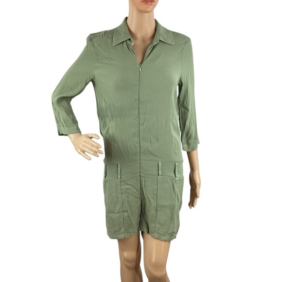 Monrow Crepe Zip Romper Green Utility Pocket 3/4 Sleeve Size Small - Picture 1 of 7